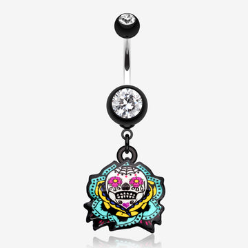 Sugar Skull Rose Belly Button Ring-Black
